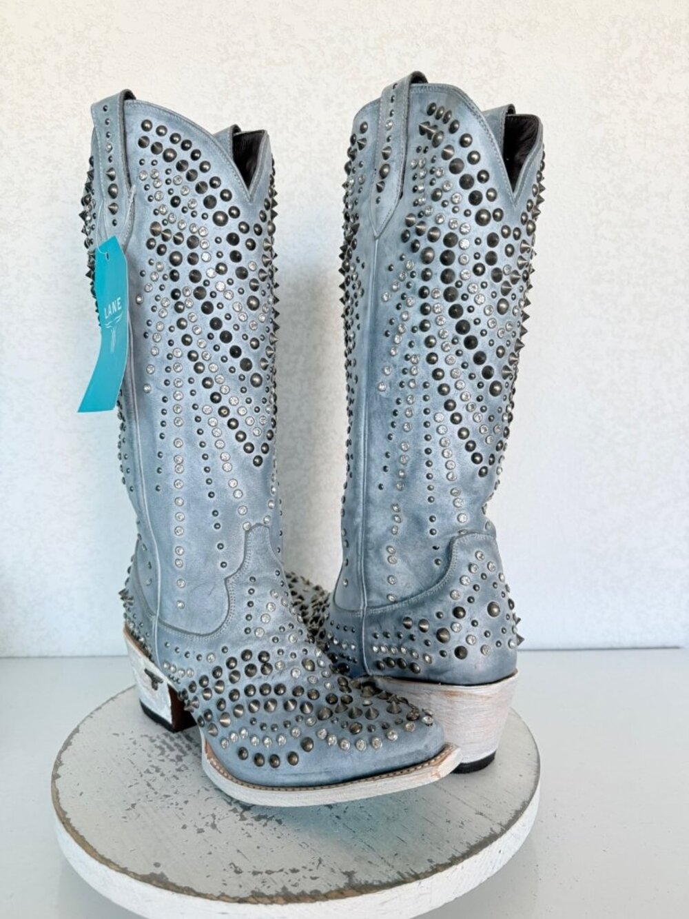 Lane DOLLY Blue Cowboy Boots Womens Size 9 Studded Western Cowgirl Mid Calf Tall
